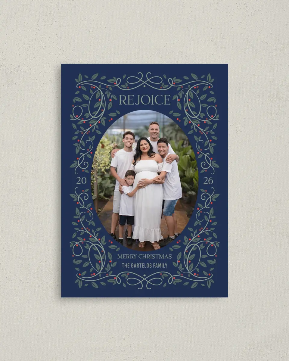 This is a 4" x 5.6" Christmas Card called Reverent Botanical Frame printed in full color on Premium Smooth paper