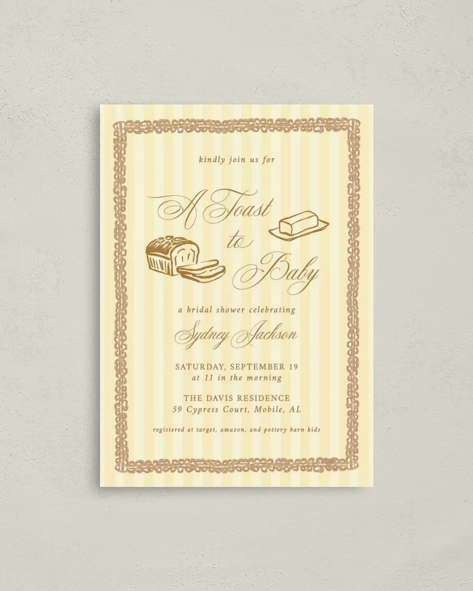 This is a 4" x 5.6" Baby Shower Invitation Postcard called Toast to Baby printed in full color on Soft Touch Finish paper