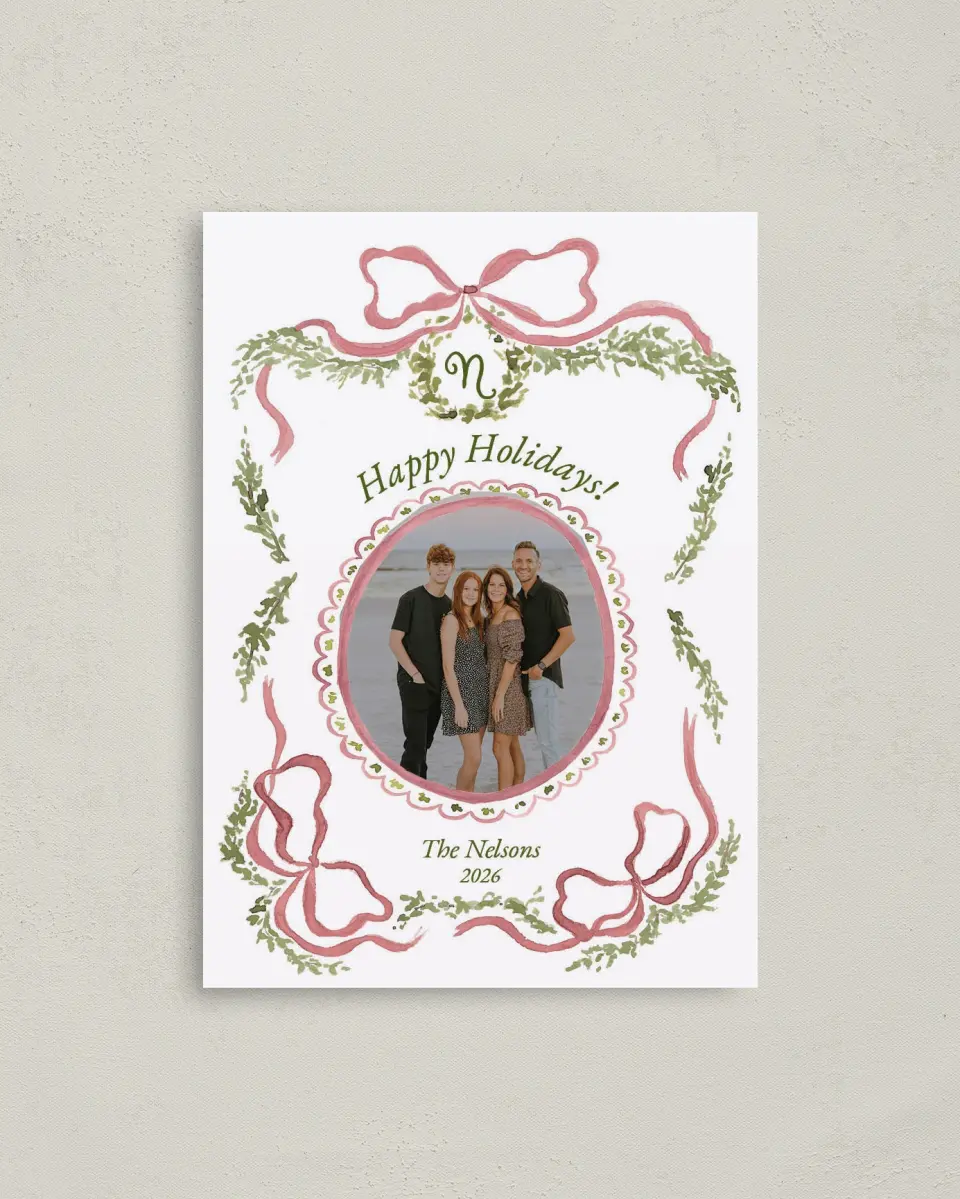 This is a 4" x 5.6" Christmas Card called Bows and Holly printed in full color on Premium Smooth paper