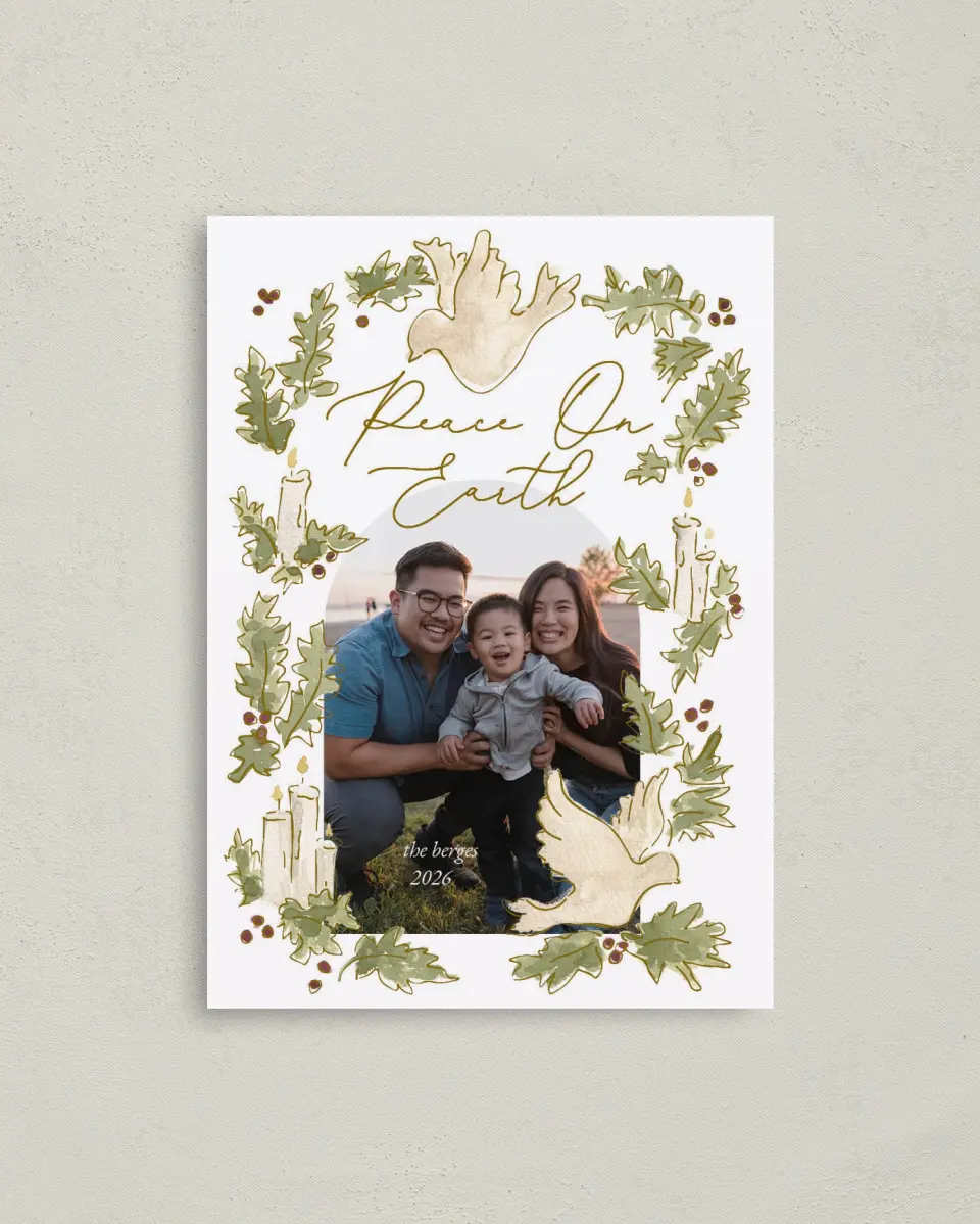 This is a 4" x 5.6" Christmas Card called Peace Dove printed in full color on Premium Smooth paper