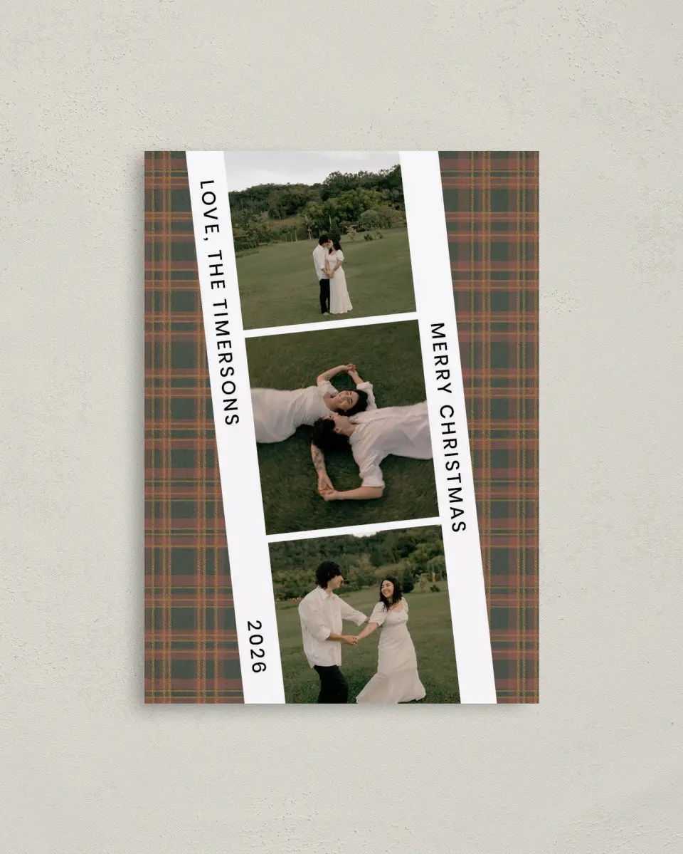 This is a 4" x 5.6" Christmas Card called Plaid Film Strip printed in full color on Premium Smooth paper