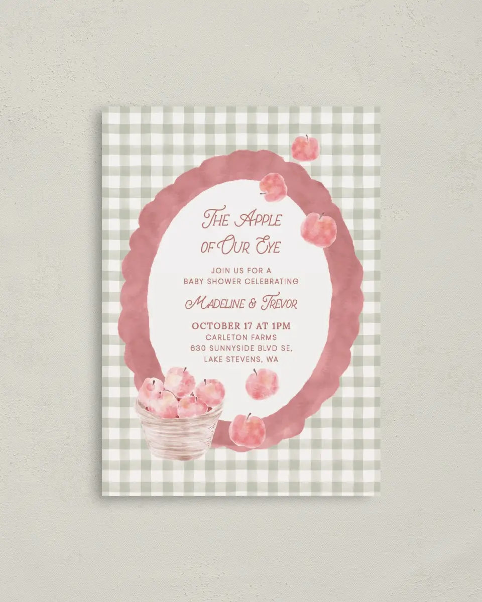 This is a 4" x 5.6" Baby Shower Invitation Postcard called Apple of Our Eye printed in full color on Soft Touch Finish paper