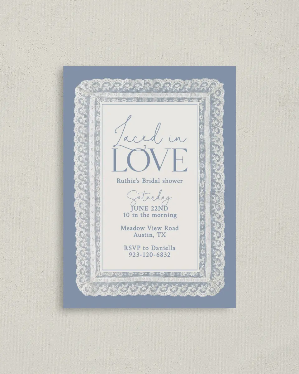 This is a 4" x 5.6" Bridal Shower Invitation Postcard called Laced in Love printed in full color on Soft Touch Finish paper