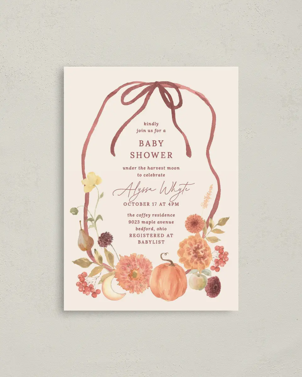 This is a 4" x 5.6" Baby Shower Invitation Postcard called Harvest Moon printed in full color on Soft Touch Finish paper