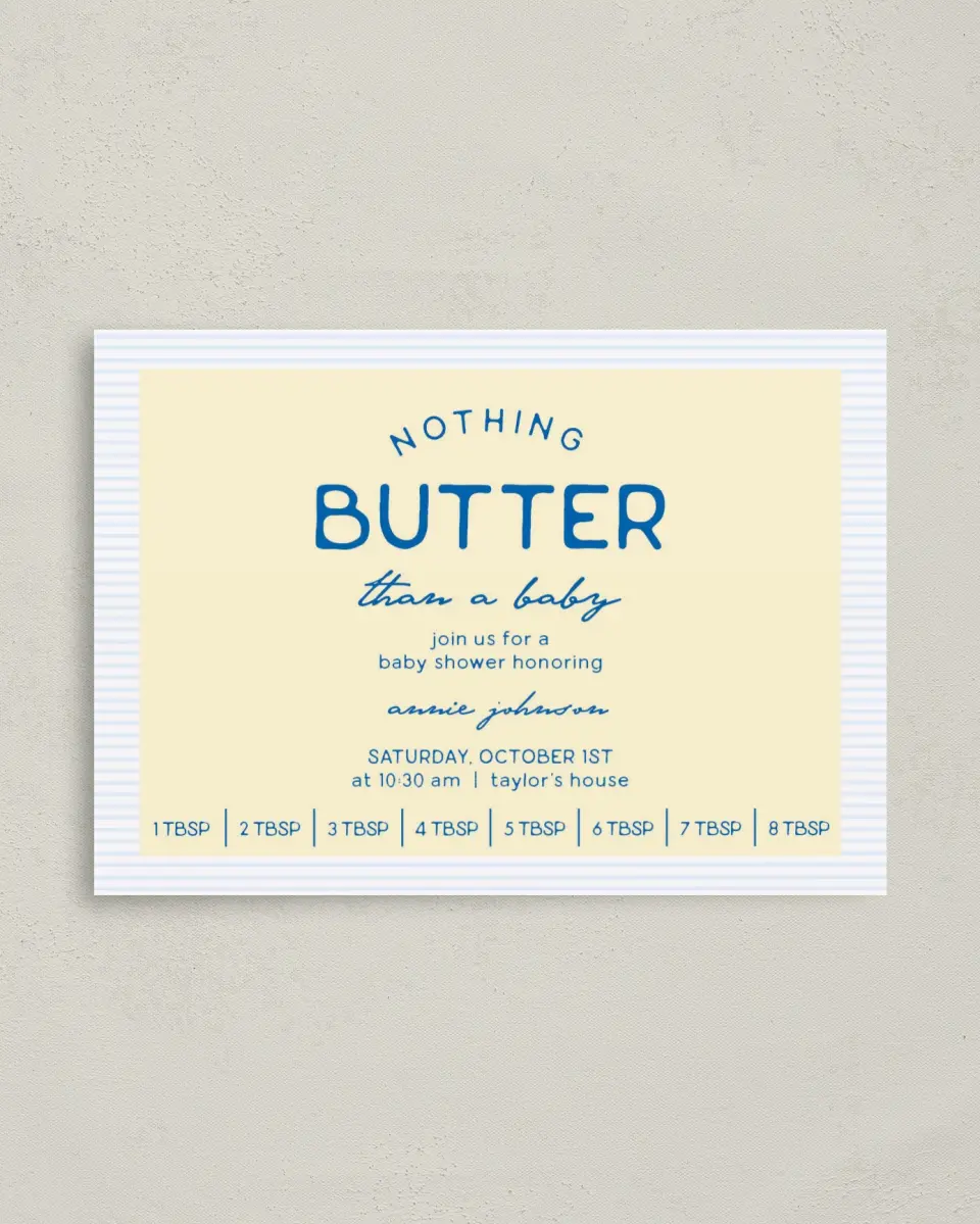 This is a 4" x 5.6" Baby Shower Invitation Postcard called Nothing Butter printed in full color with Silver foil on Soft Touch Finish paper