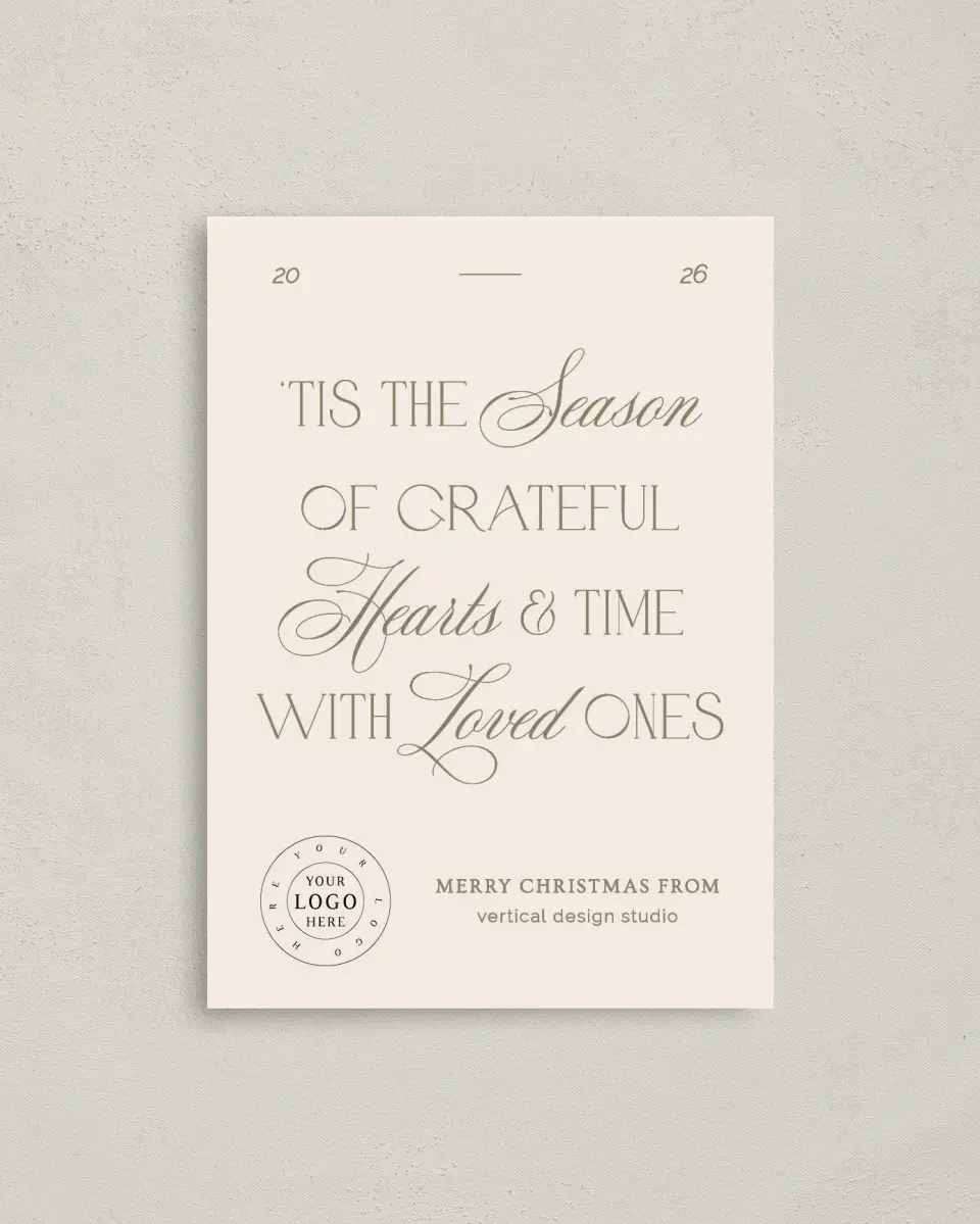 This is a 4" x 5.6" Christmas Card called Gratitude Season printed in full color with Gold foil on Soft Suede (coated) paper