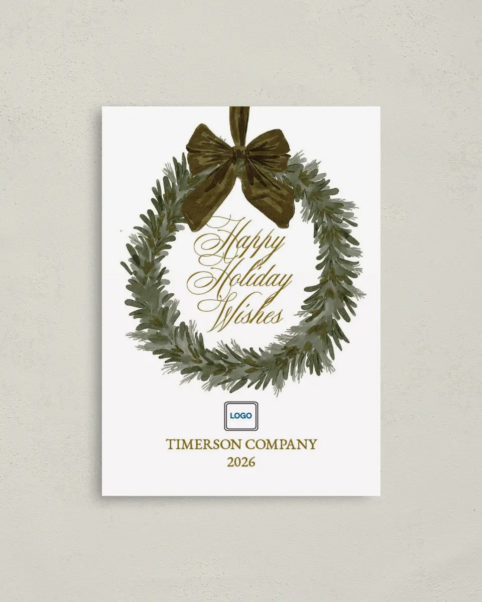 This is a 4" x 5.6" Christmas Card called Company Wreath printed in full color on Premium Smooth paper