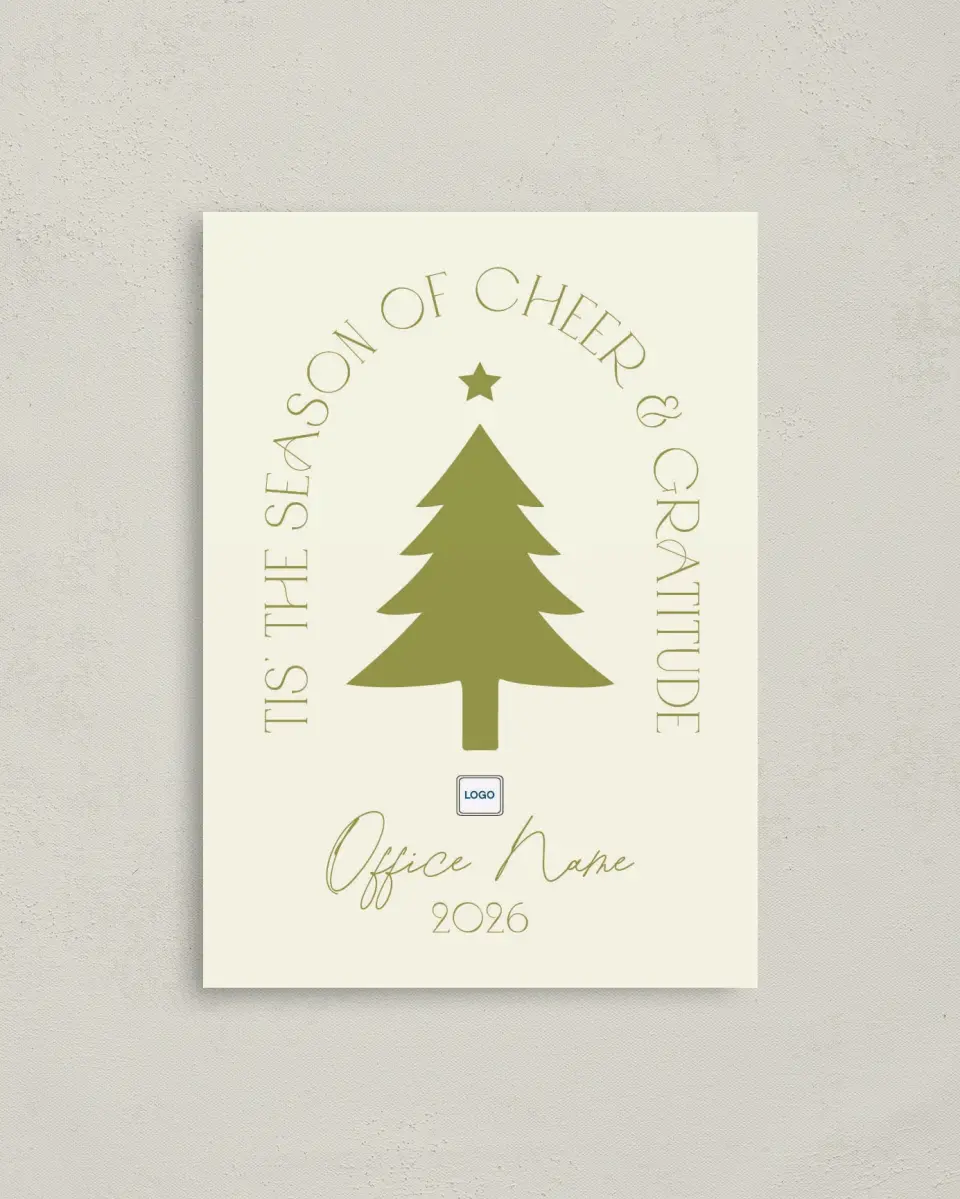 This is a 4" x 5.6" Christmas Card called Cheer & Gratitude printed in full color on Premium Smooth paper