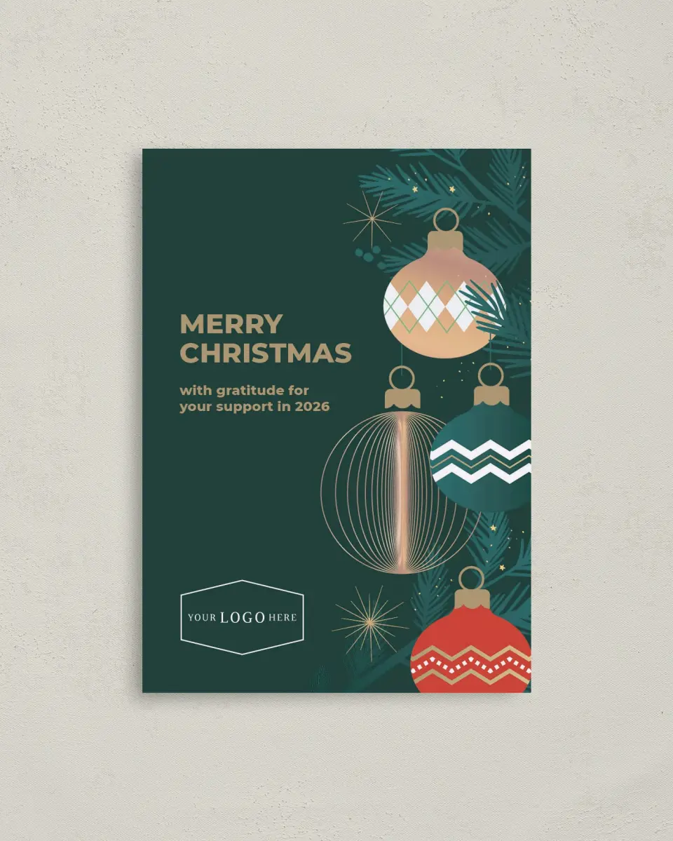 This is a 4" x 5.6" Christmas Card called Ornament Glow printed in full color on Premium Smooth paper