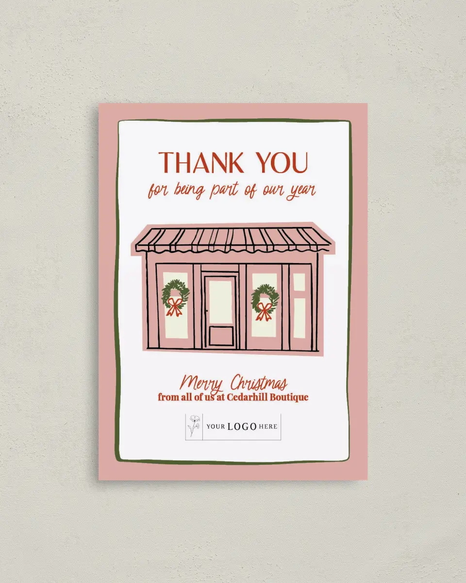 This is a 4" x 5.6" Christmas Card called Storefront Spirit printed in full color on Premium Smooth paper