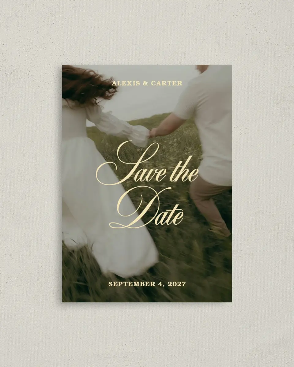 This is a 4" x 5.6" Save the Date Postcard called Our Happily Ever printed in full color with Gold foil on Soft Touch Finish paper