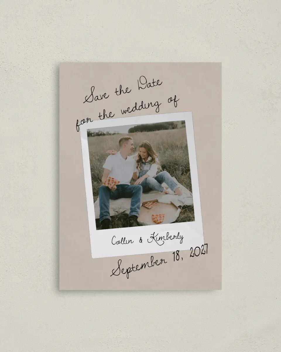 This is a 4" x 5.6" Save the Date Postcard called Love Note printed in full color on Soft Touch Finish paper