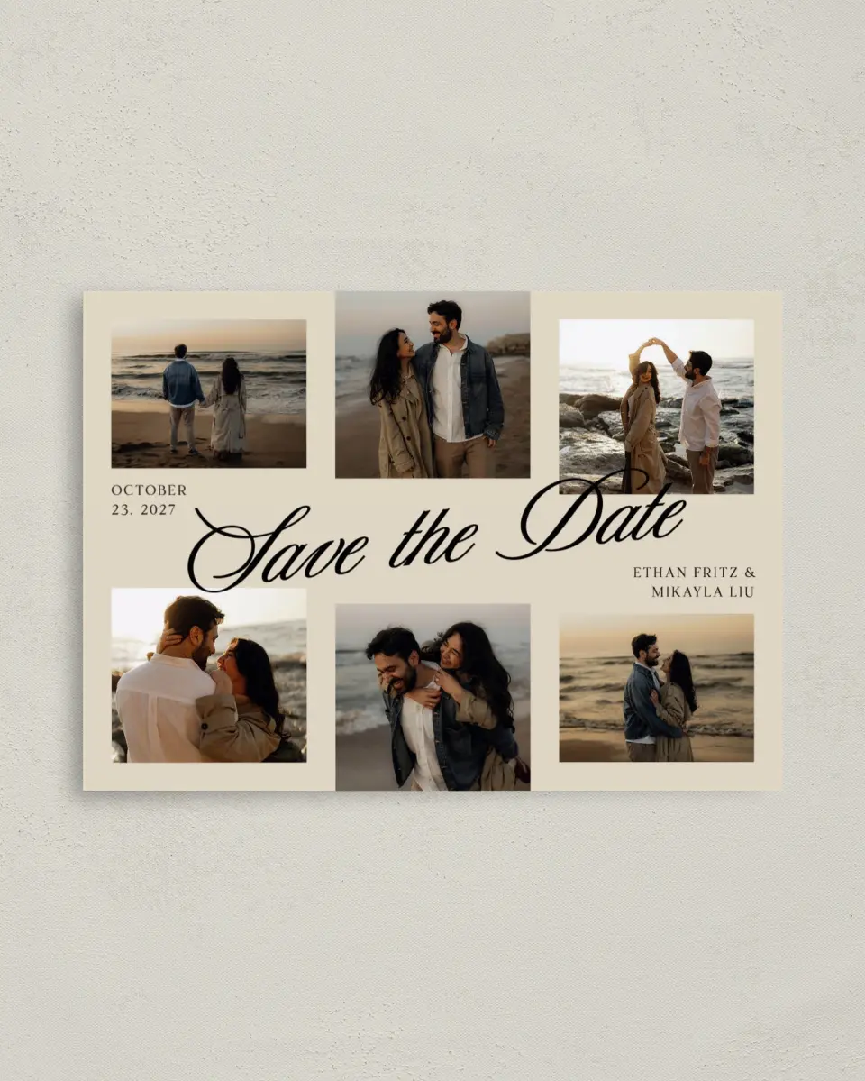 This is a 4" x 5.6" Save the Date Postcard called Our Forever printed in full color with Gold foil on Soft Touch Finish paper