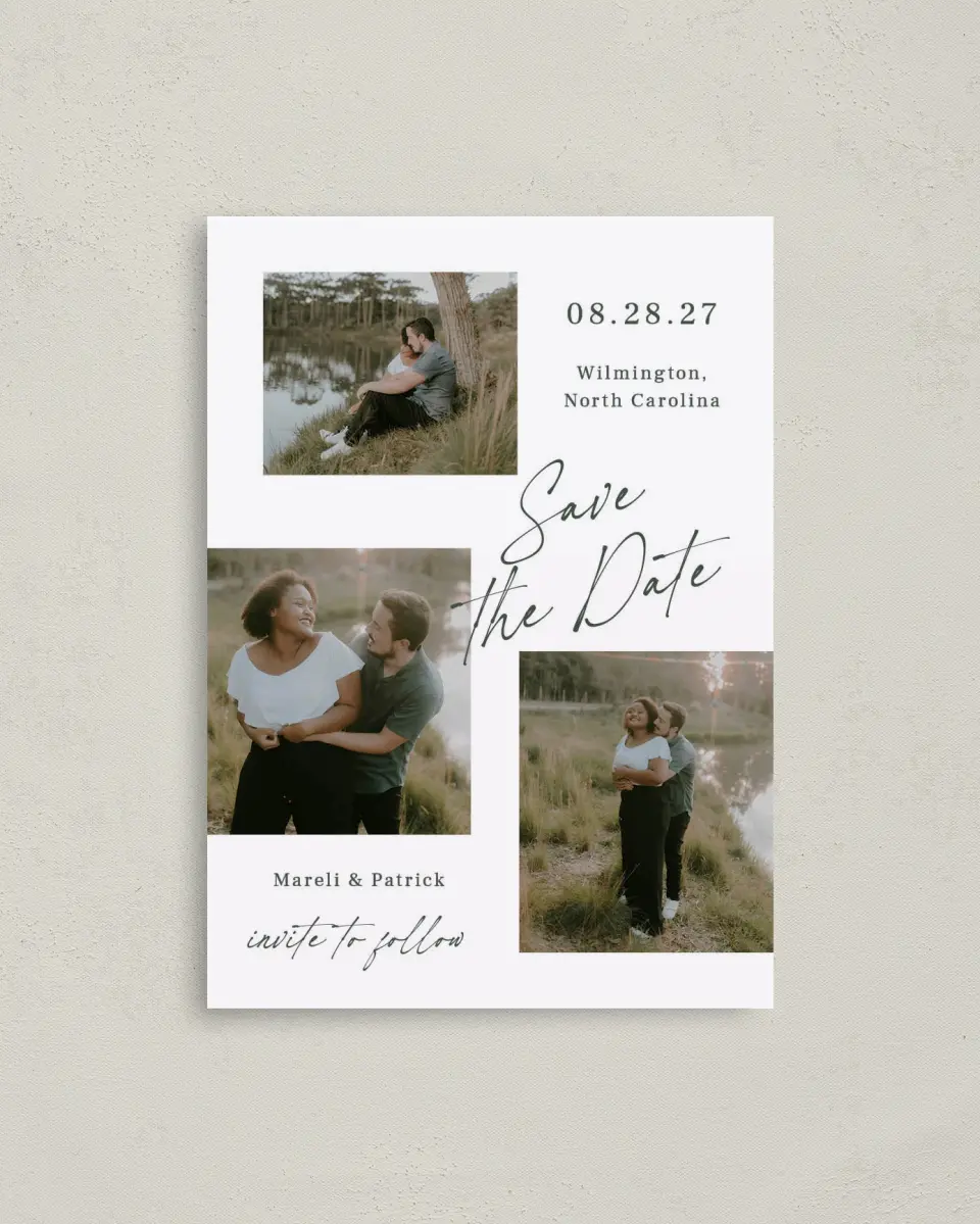 This is a 4" x 5.6" Save the Date Postcard called Forever & Always Yours printed in full color with Gold foil on Soft Touch Finish paper