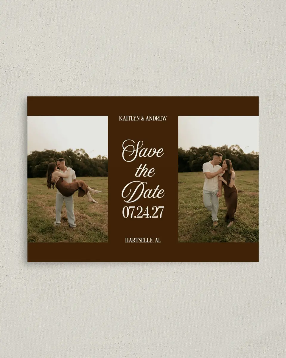 This is a 4" x 5.6" Save the Date Postcard called Forevermore printed in full color on Soft Touch Finish paper