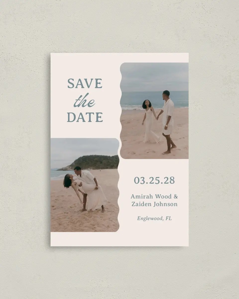 This is a 4" x 5.6" Save the Date Postcard called Modern Muse printed in full color with Gold foil on Soft Touch Finish paper
