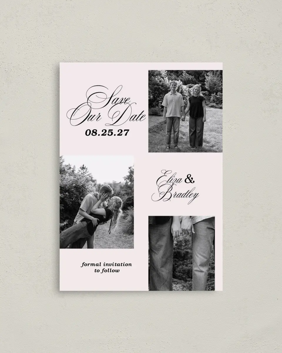 This is a 4" x 5.6" Save the Date Postcard called Loving You printed in full color with Gold foil on Soft Touch Finish paper