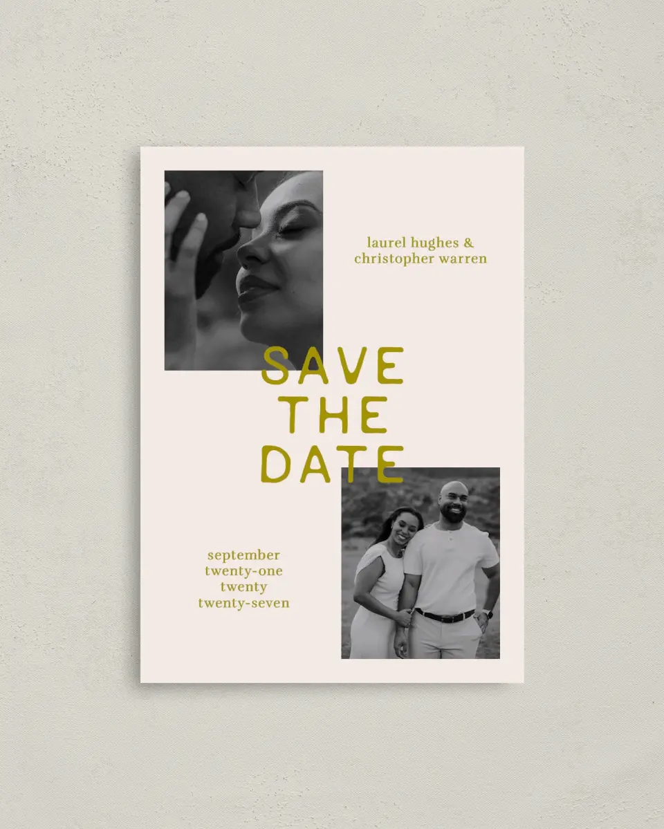 This is a 4" x 5.6" Save the Date Postcard called Bright Love printed in full color with Gold foil on Soft Touch Finish paper