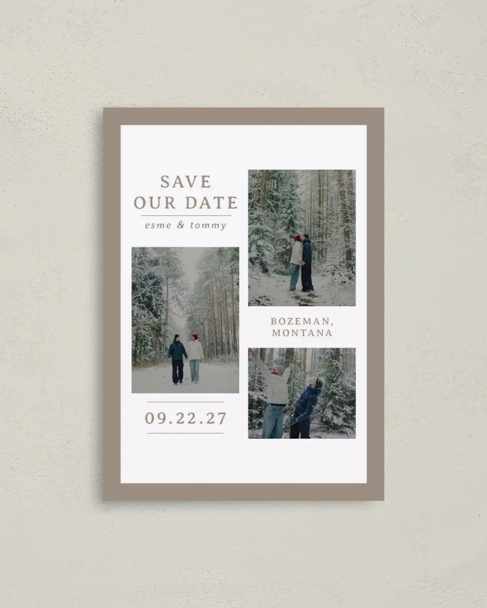 This is a 4" x 5.6" Save the Date Postcard called Love in the Snow printed in full color on Soft Touch Finish paper