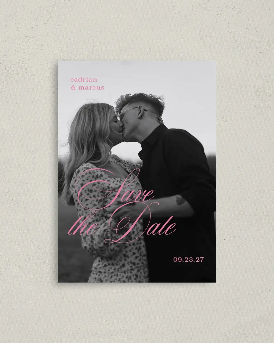 This is a 4" x 5.6" Save the Date Postcard called Sweet Embrace printed in full color on Soft Touch Finish paper