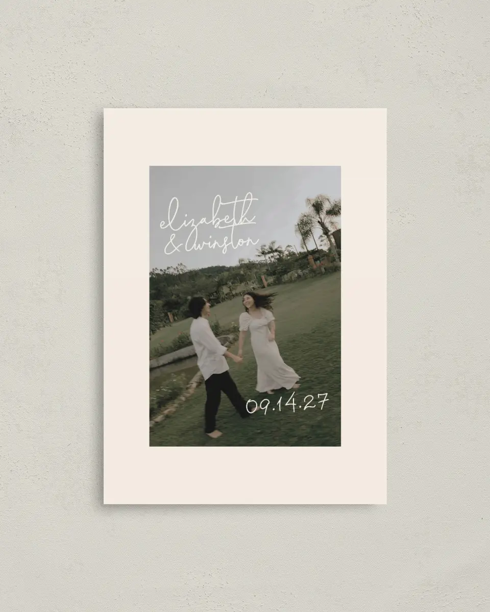 This is a 4" x 5.6" Save the Date Postcard called Chasing Love printed in full color on Soft Touch Finish paper