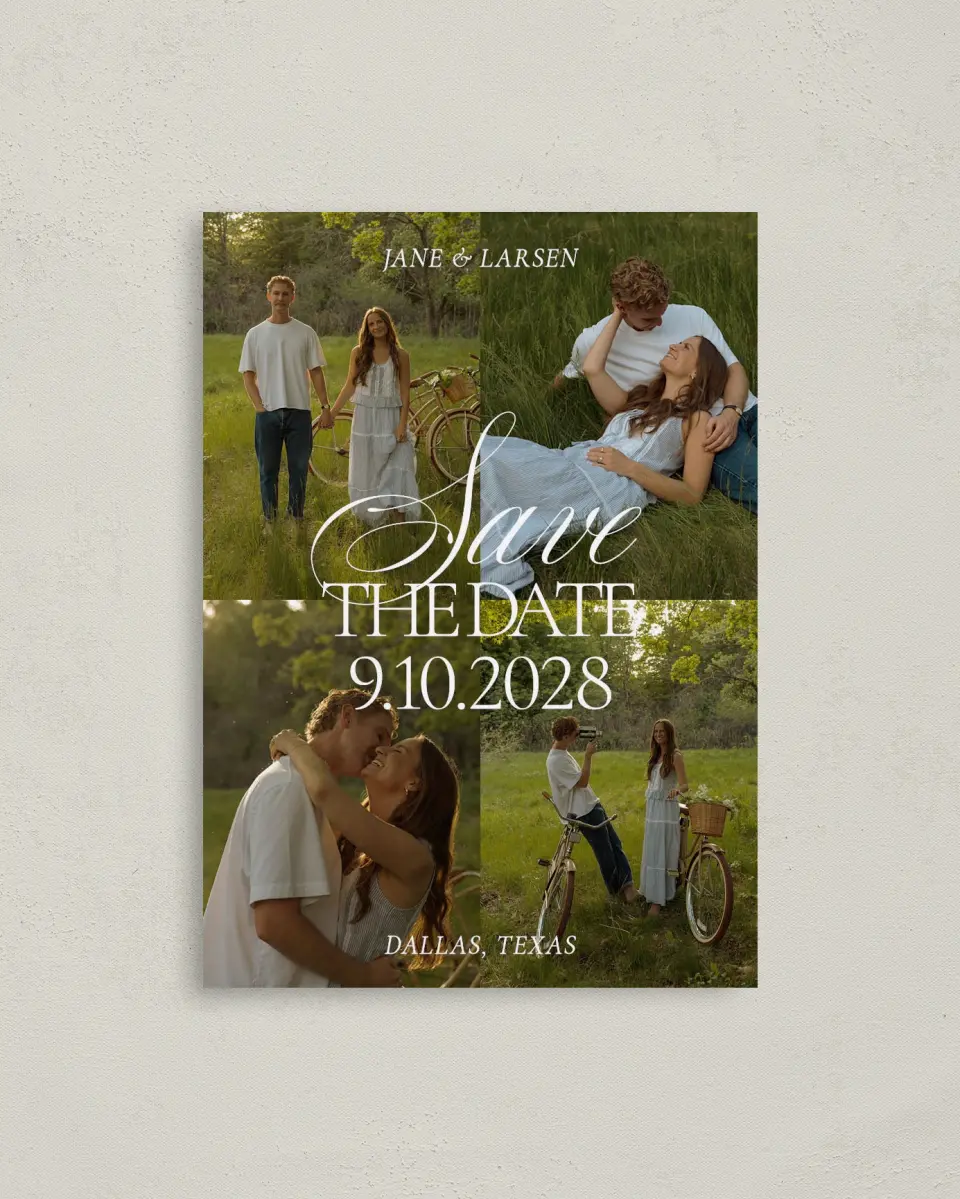 This is a 4" x 5.6" Save the Date Postcard called Golden Hour printed in full color with Gold foil on Soft Touch Finish paper