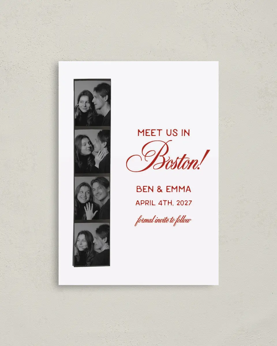 This is a 4" x 5.6" Save the Date Postcard called Retro Film Strip printed in full color with Gold foil on Soft Touch Finish paper