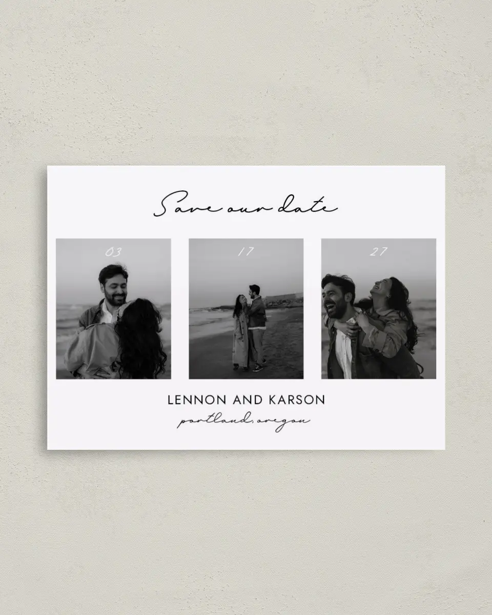This is a 4" x 5.6" Save the Date Postcard called Simply Yours printed in full color with Gold foil on Soft Touch Finish paper