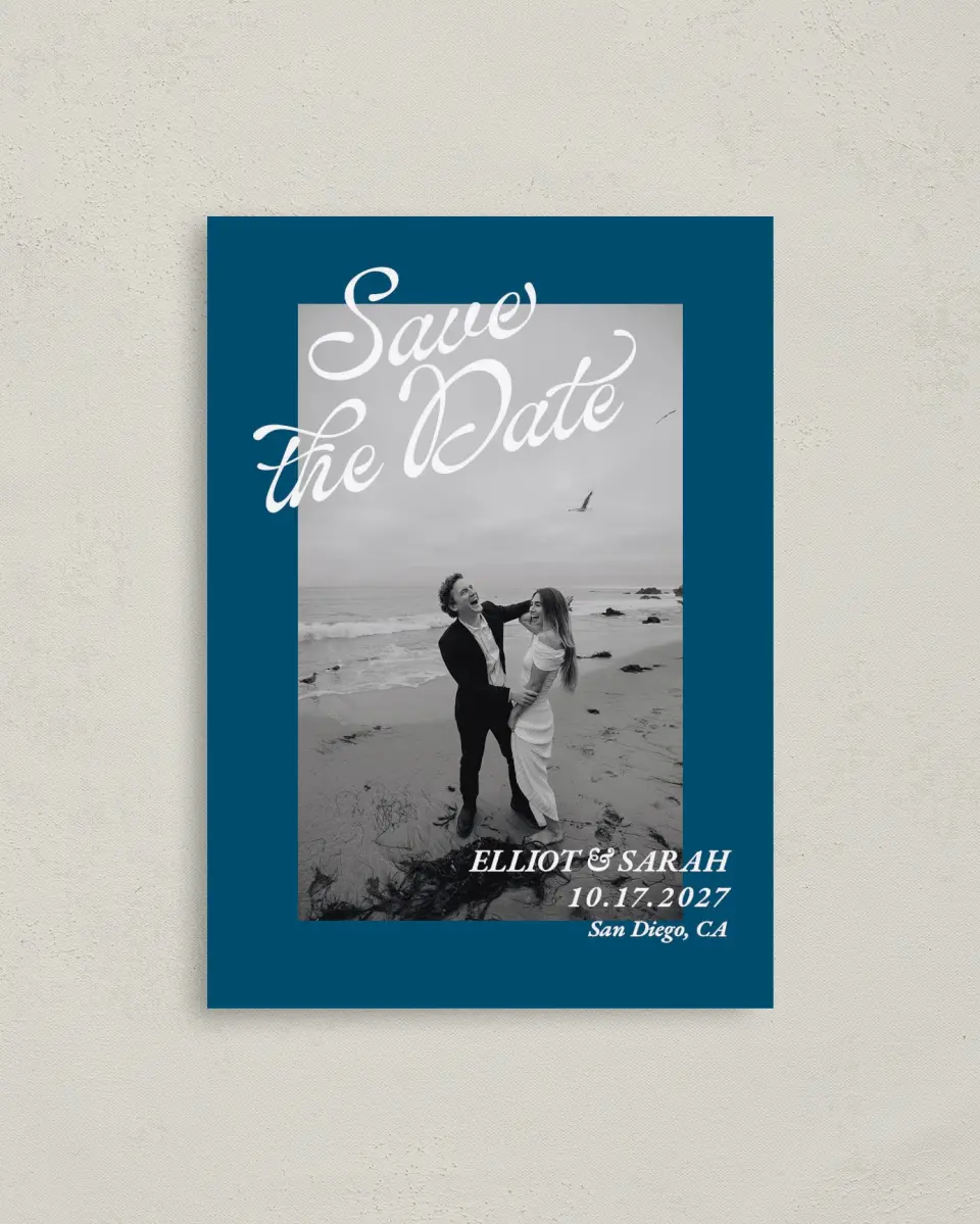 This is a 4" x 5.6" Save the Date Postcard called Blue Hour printed in full color with Gold foil on Soft Touch Finish paper