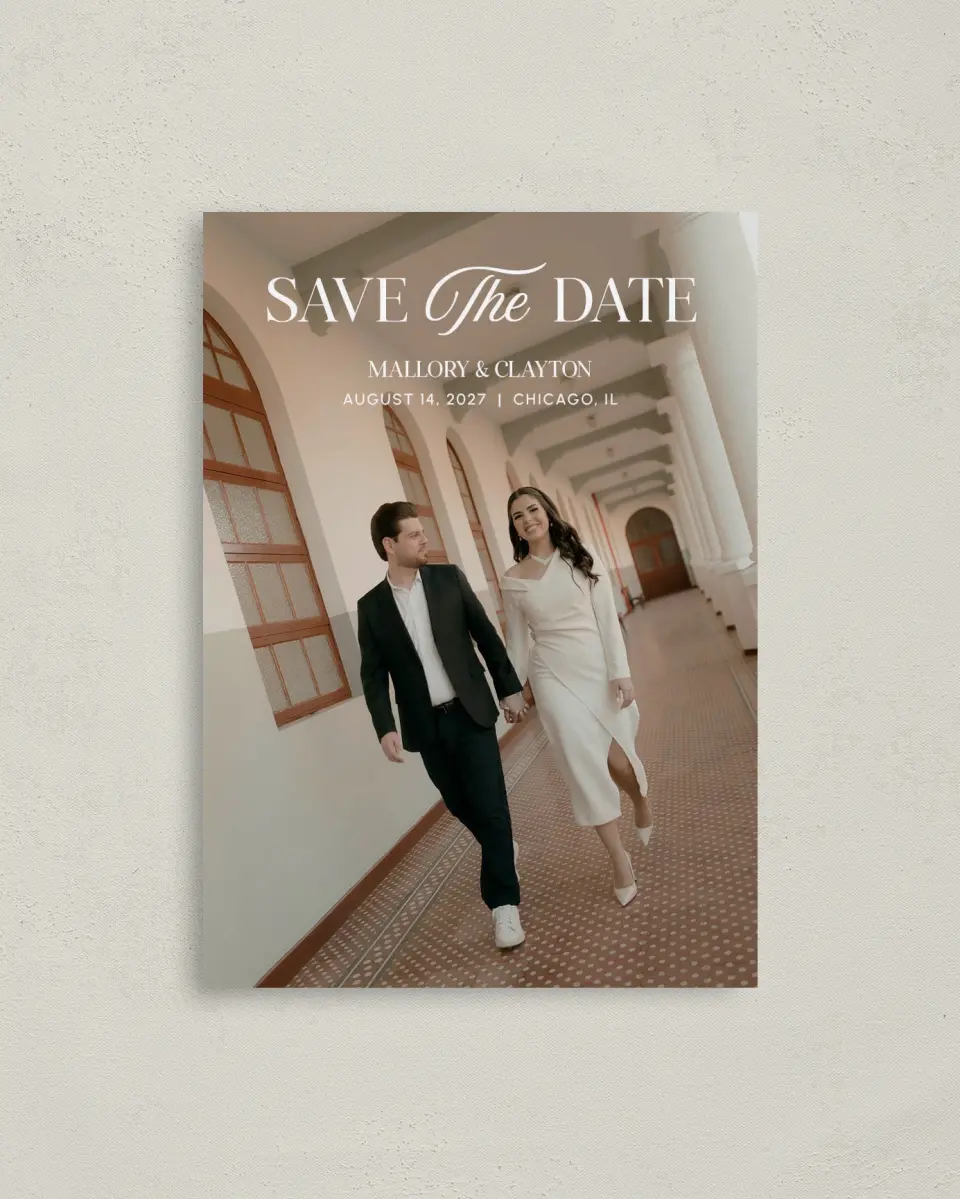 This is a 4" x 5.6" Save the Date Postcard called The Mallory printed in full color on Soft Touch Finish paper