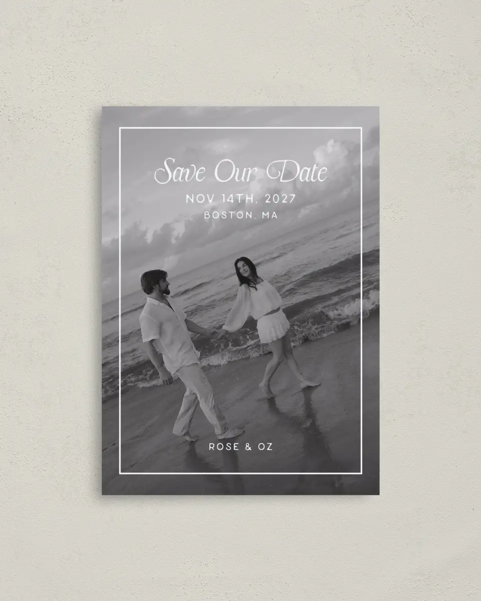This is a 4" x 5.6" Save the Date Postcard called The Rosemary printed in full color on Soft Touch Finish paper