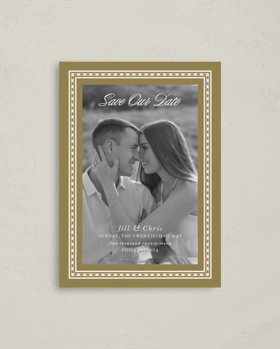 This is a 4" x 5.6" Save the Date Postcard called The Jillian printed in full color on Soft Touch Finish paper