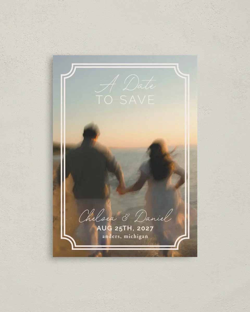 This is a 4" x 5.6" Save the Date Postcard called The Chelsea printed in full color on Soft Touch Finish paper