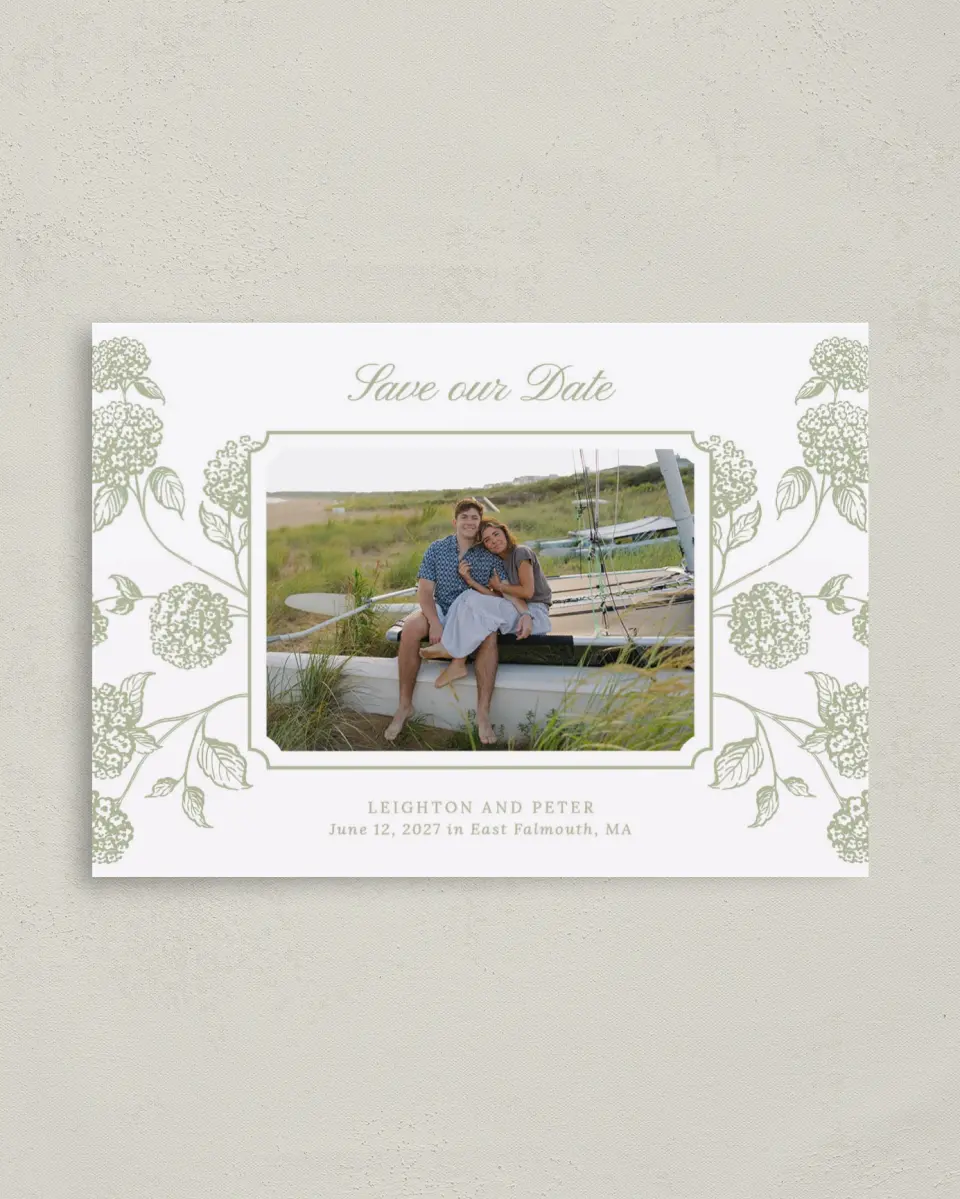 This is a 4" x 5.6" Save the Date Postcard called Harmonious Hydrangea printed in full color on Soft Touch Finish paper