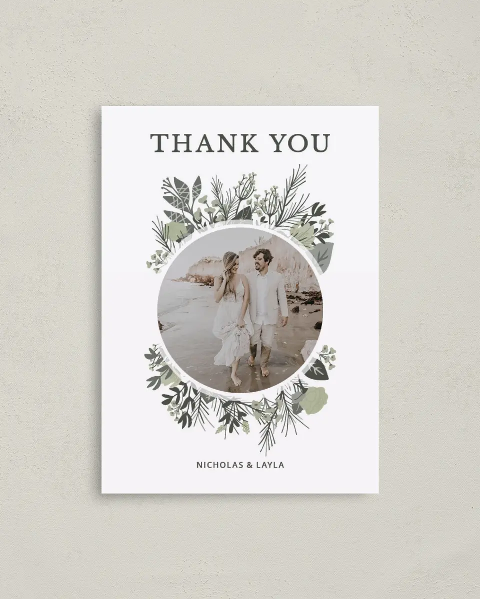 This is a 4" x 5.6" Thank You Postcard called Greenery Crown printed in full color on Soft Touch Finish paper