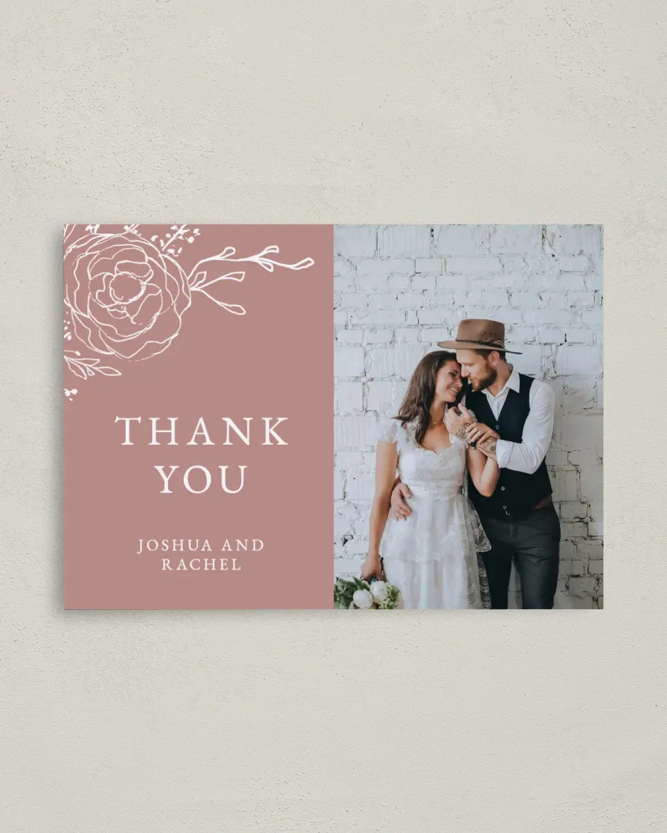 This is a 4" x 5.6" Thank You Postcard called Blooming Rose printed in full color on Soft Touch Finish paper