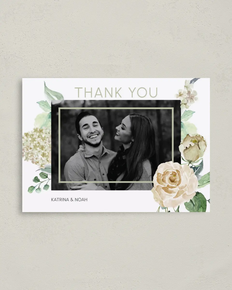This is a 4" x 5.6" Thank You Postcard called Divine Romance printed in full color on Soft Touch Finish paper