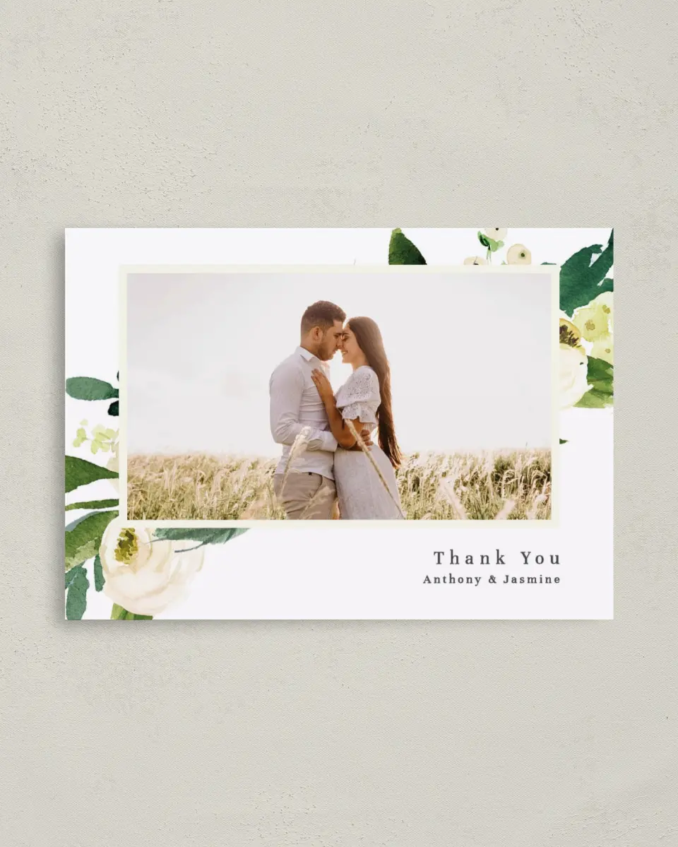 This is a 4" x 5.6" Thank You Postcard called Wedding Florals printed in full color on Soft Touch Finish paper