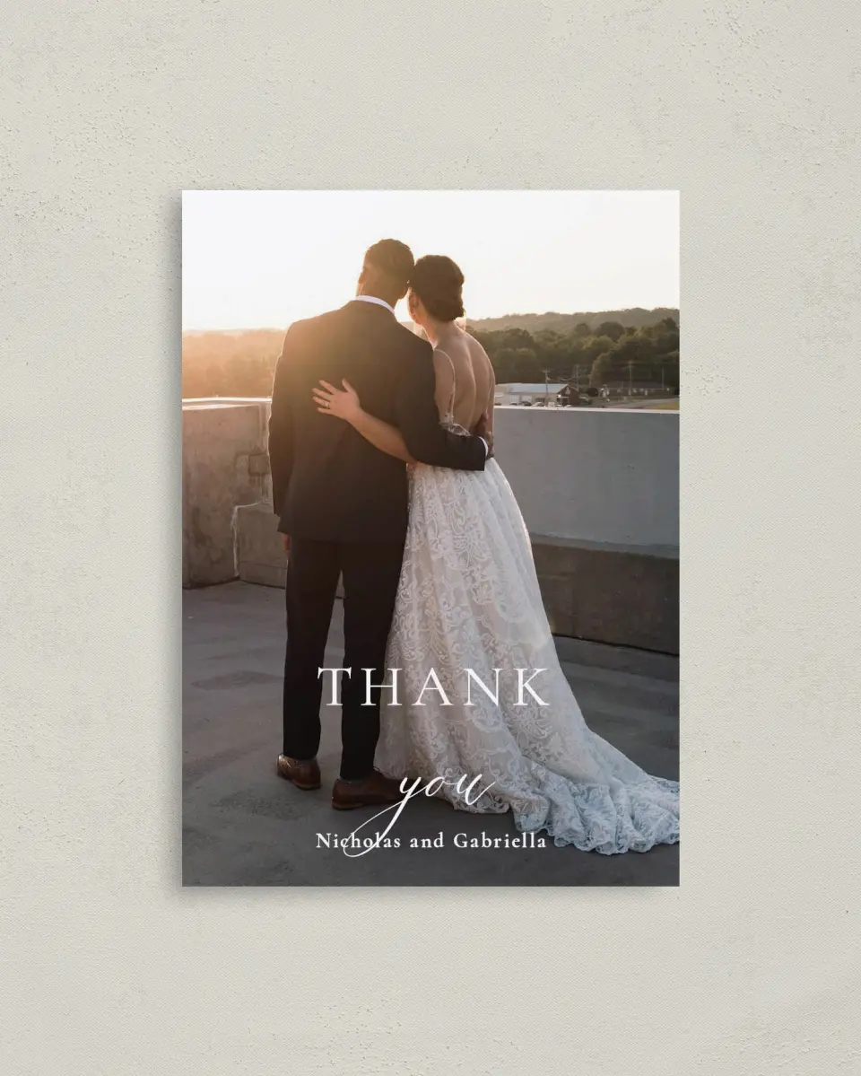 This is a 4" x 5.6" Thank You Postcard called Minimalist Type printed in full color on Soft Touch Finish paper
