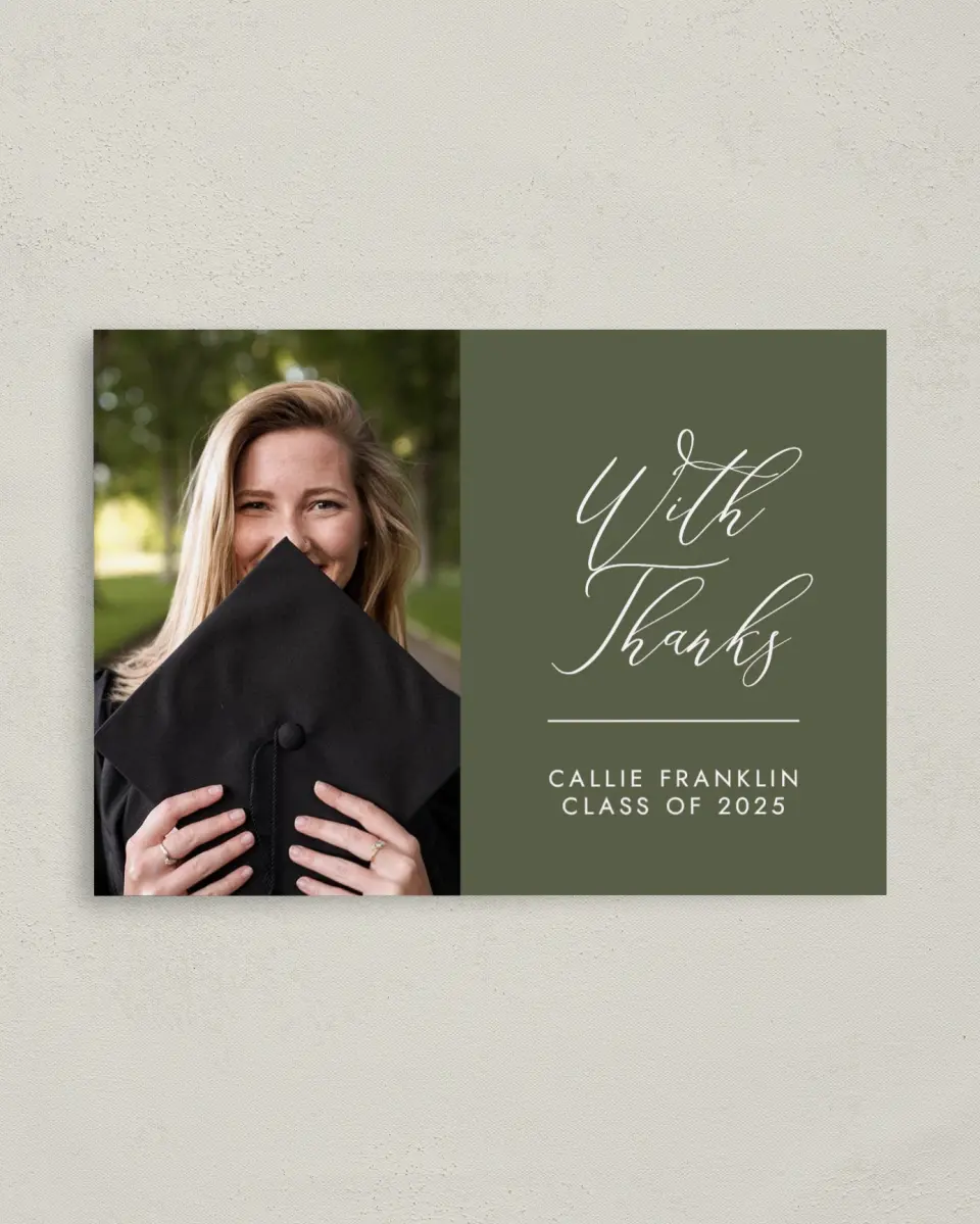 This is a 4" x 5.6" Graduation Thank You Postcard called Formal Degree printed in full color on Soft Touch Finish paper