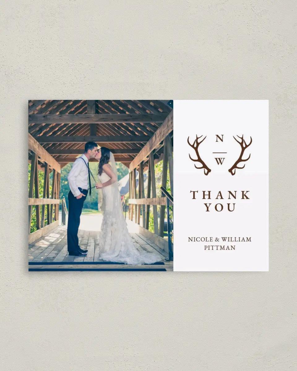 This is a 4" x 5.6" Thank You Postcard called Rustic Antler printed in full color on Soft Touch Finish paper