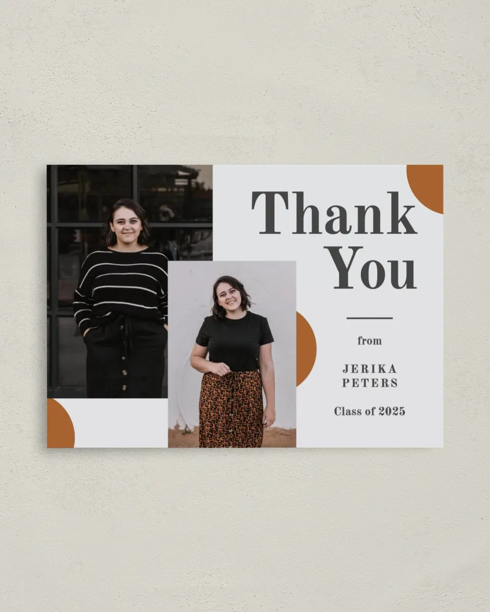 This is a 4" x 5.6" Graduation Thank You Postcard called Grad Sophisticate printed in full color on Soft Touch Finish paper