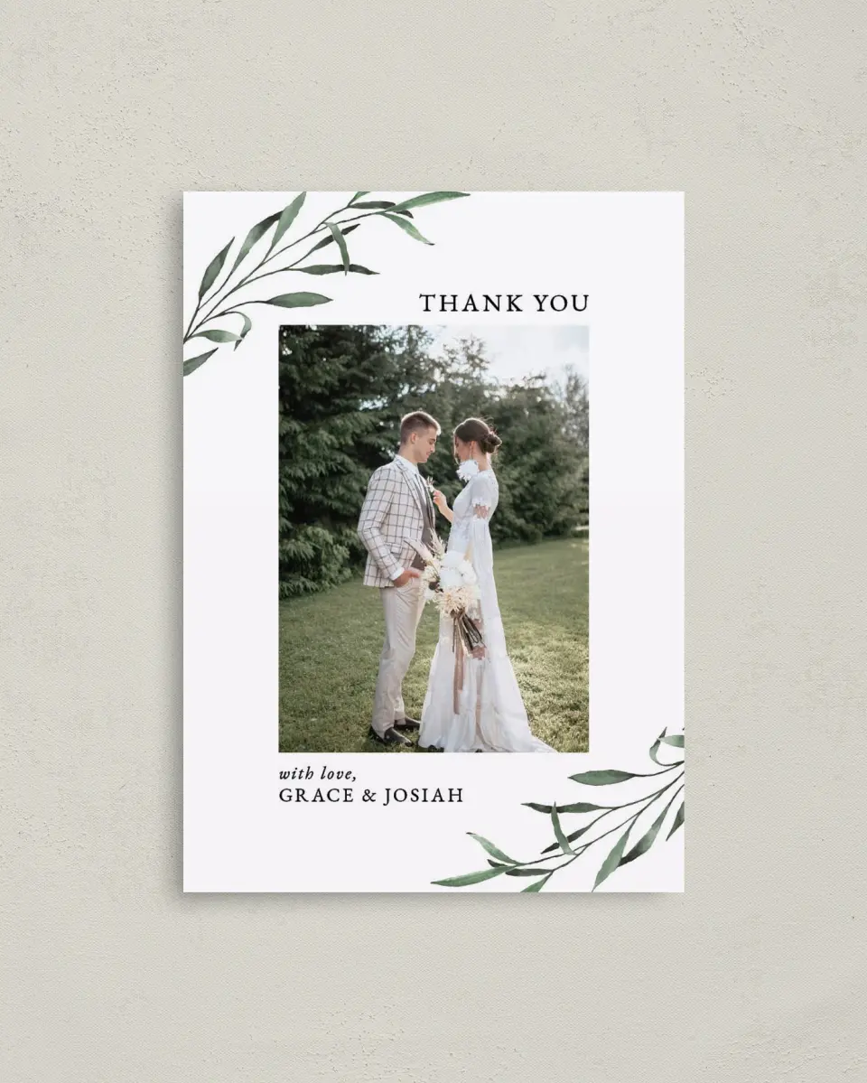 This is a 4" x 5.6" Thank You Postcard called Tender Twig printed in full color on Soft Touch Finish paper