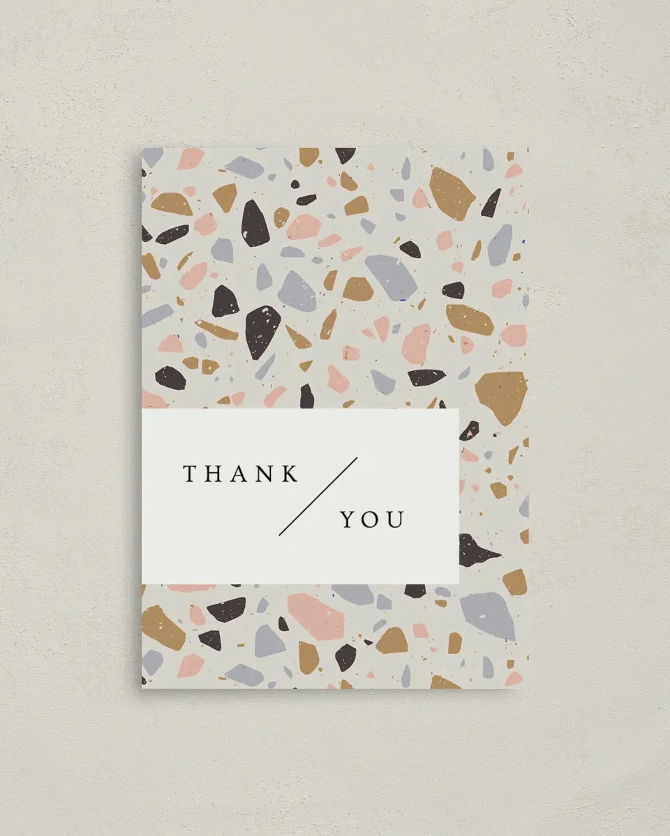 This is a 4" x 5.6" Newlywed called Modern Terrazzo printed in full color on Soft Touch Finish paper