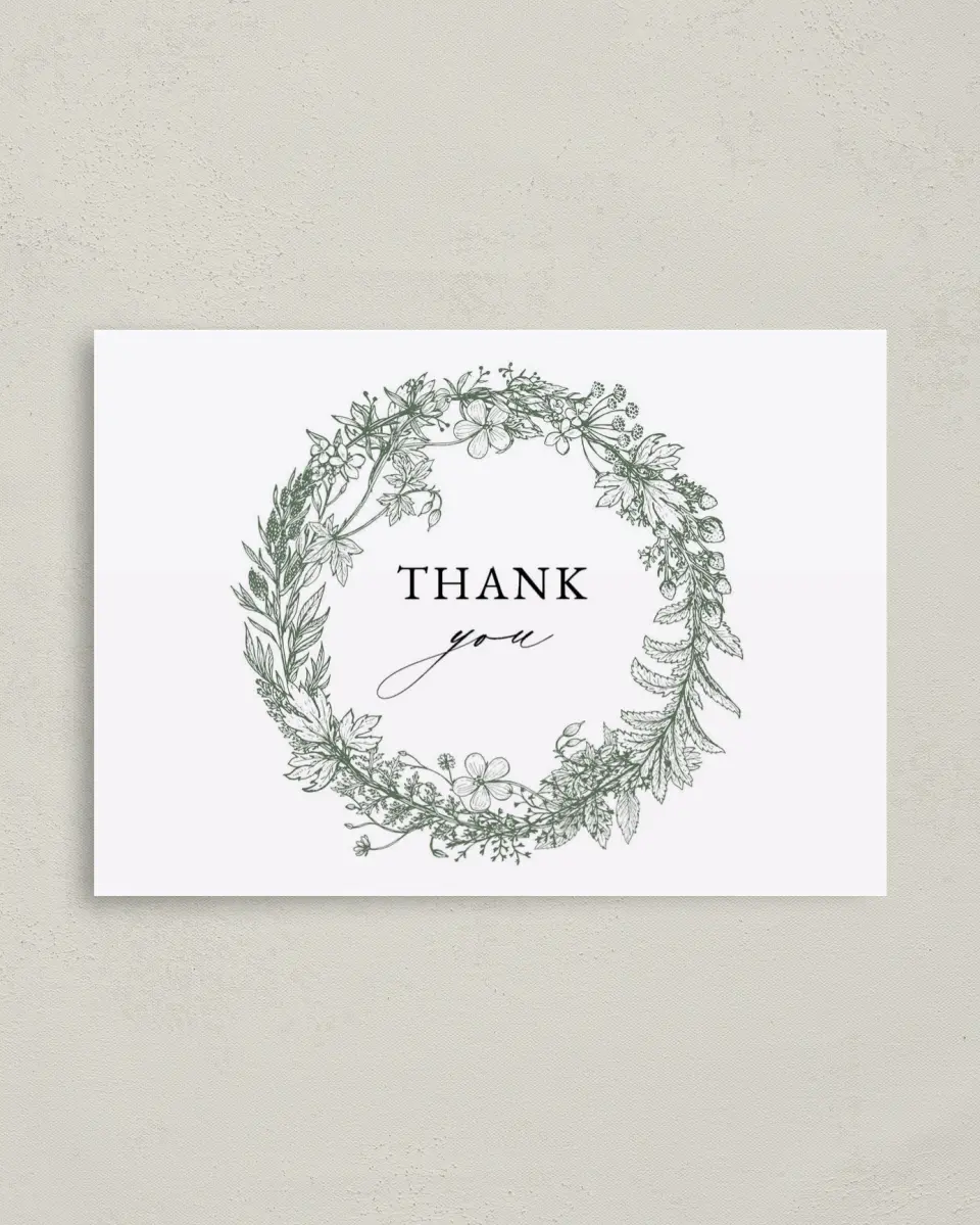 This is a 4" x 5.6" Newlywed called Budding Wreath printed in full color on Soft Touch Finish paper