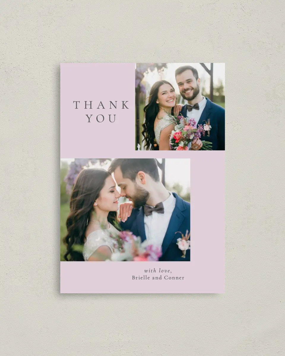 This is a 4" x 5.6" Thank You Postcard called Modest Moment printed in full color on Soft Touch Finish paper
