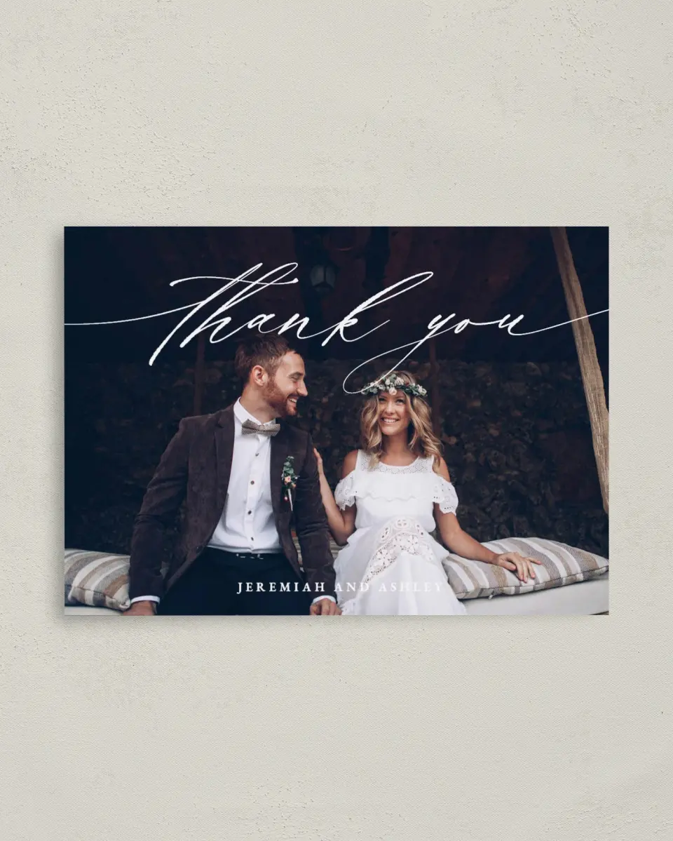 This is a 4" x 5.6" Thank You Postcard called Simple Drama printed in full color on Soft Touch Finish paper