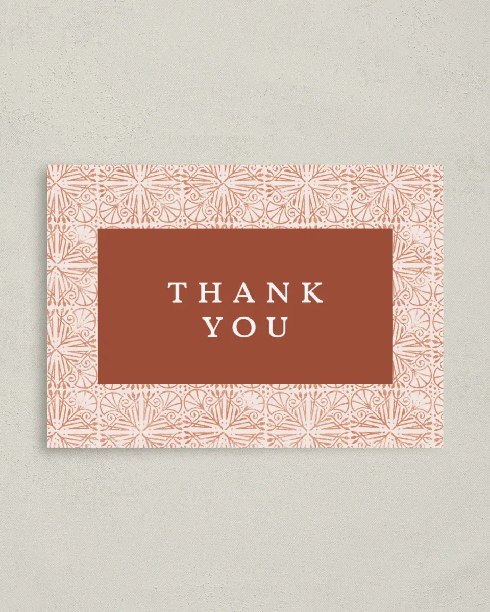 This is a 4" x 5.6" Newlywed called Stamped Shower printed in full color on Soft Touch Finish paper