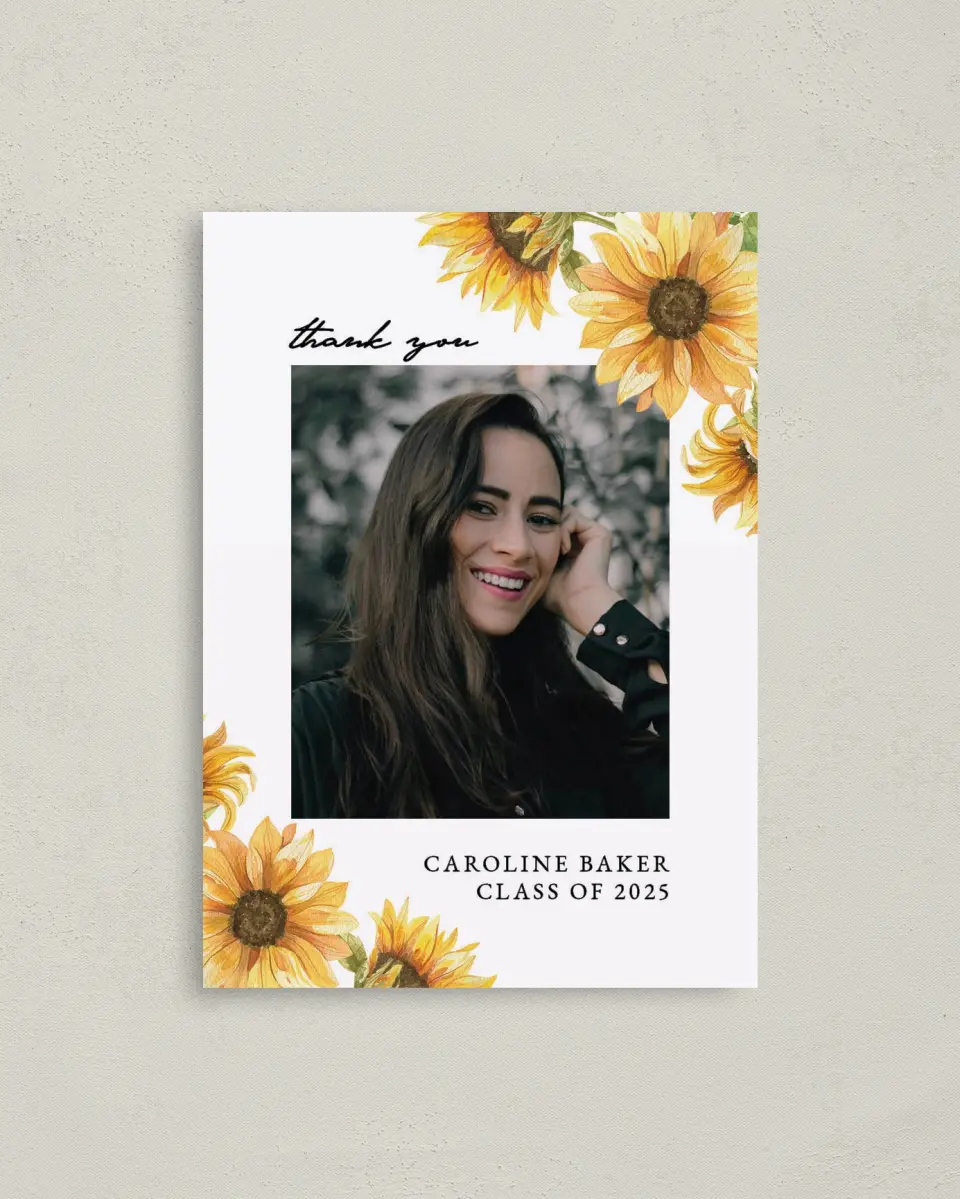This is a 4" x 5.6" Graduation Thank You Postcard called Sunflower Student printed in full color on Soft Touch Finish paper