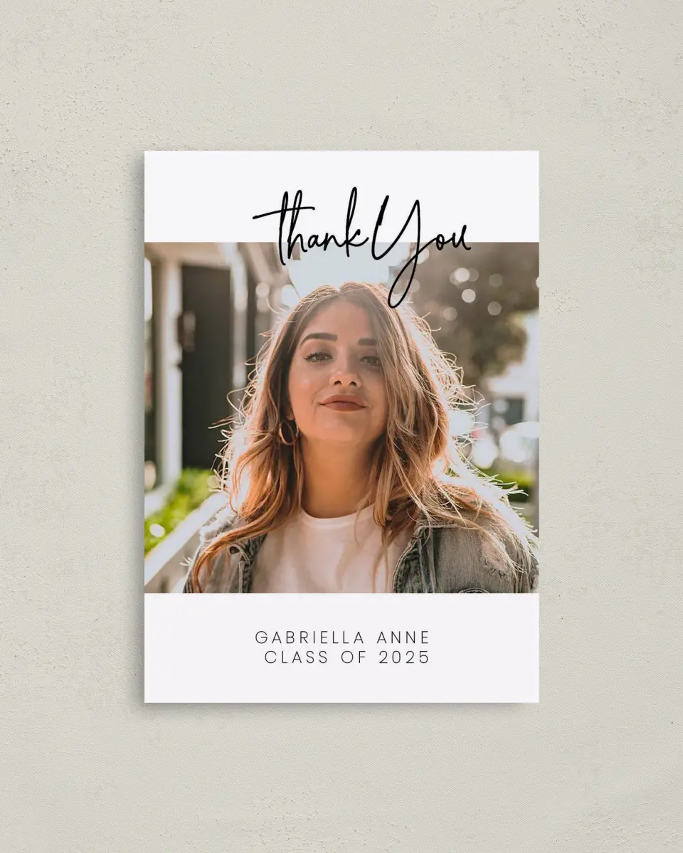 This is a 4" x 5.6" Graduation Thank You Postcard called What a Year! printed in full color on Soft Touch Finish paper